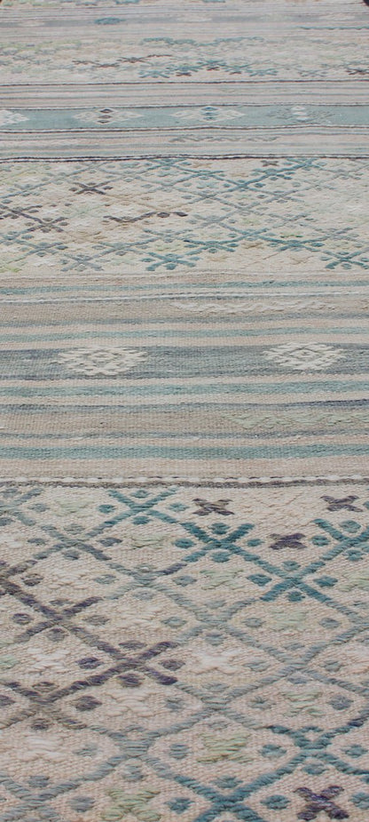 Turkish Oushak Vintage Carpet in Green, Ivory, and Cream, rug en - 176525 - 2, country of origin / type: Turkey / Oushak, circa 1950 This Oushak rug from Turkey features a striped design of various geometric patterns rendered in shades of green, ivo... - Keivan Woven ArtsEN - 176525 - 1 - 11397Rug