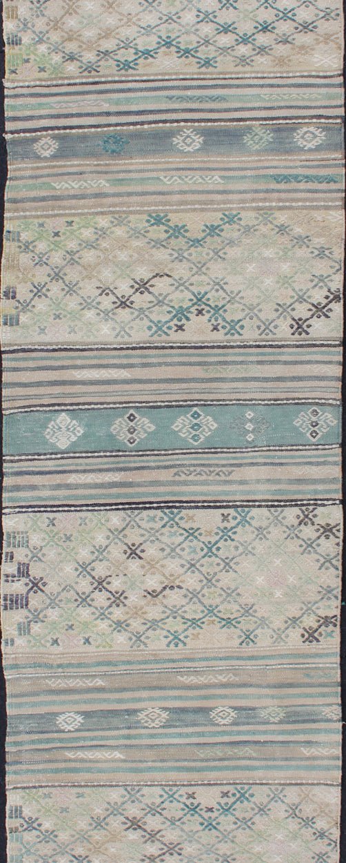 Turkish Oushak Vintage Carpet in Green, Ivory, and Cream, rug en - 176525 - 2, country of origin / type: Turkey / Oushak, circa 1950 This Oushak rug from Turkey features a striped design of various geometric patterns rendered in shades of green, ivo... - Keivan Woven ArtsEN - 176525 - 1 - 11397Rug