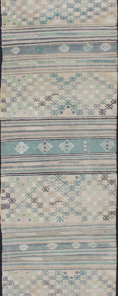 Turkish Oushak Vintage Carpet in Green, Ivory, and Cream, rug en - 176525 - 2, country of origin / type: Turkey / Oushak, circa 1950 This Oushak rug from Turkey features a striped design of various geometric patterns rendered in shades of green, ivo... - Keivan Woven ArtsEN - 176525 - 1 - 11397Rug