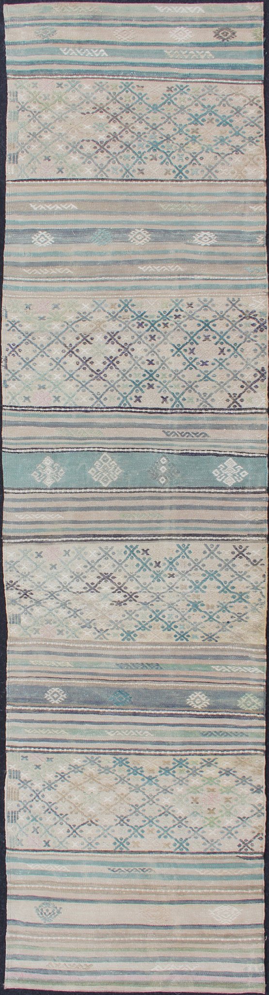 Geometric Stripe Vintage Hand Woven Turkish Kilim Flat - Weave Runner Turkish Kilim vintage carpet in green, ivory, and cream, Keivan Woven Arts; rug en - 176525 - 2, country of origin / type: Turkey / Kilim, circa 1950 This Oushak rug from Tur... - Keivan Woven ArtsEN - 176525 - 2 - 11401Rug