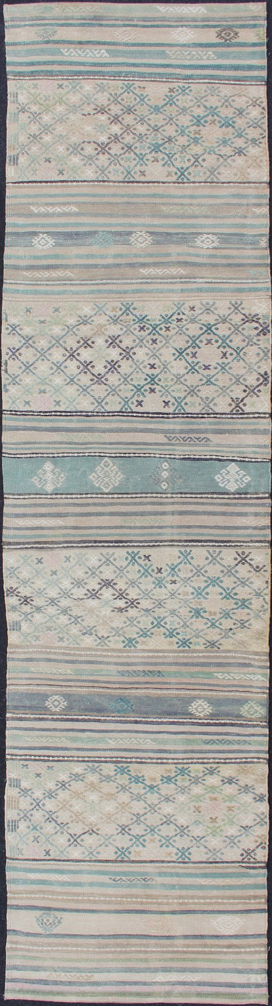 Geometric Stripe Vintage Hand Woven Turkish Kilim Flat - Weave Runner Turkish Kilim vintage carpet in green, ivory, and cream, Keivan Woven Arts; rug en - 176525 - 2, country of origin / type: Turkey / Kilim, circa 1950 This Oushak rug from Tur... - Keivan Woven ArtsEN - 176525 - 2 - 11401Rug