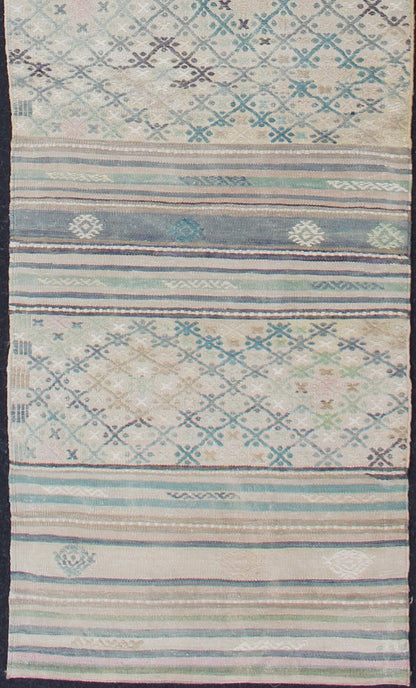 Geometric Stripe Vintage Hand Woven Turkish Kilim Flat - Weave Runner Turkish Kilim vintage carpet in green, ivory, and cream, Keivan Woven Arts; rug en - 176525 - 2, country of origin / type: Turkey / Kilim, circa 1950 This Oushak rug from Tur... - Keivan Woven ArtsEN - 176525 - 2 - 11401Rug