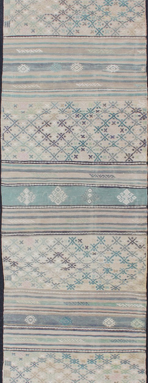 Geometric Stripe Vintage Hand Woven Turkish Kilim Flat - Weave Runner Turkish Kilim vintage carpet in green, ivory, and cream, Keivan Woven Arts; rug en - 176525 - 2, country of origin / type: Turkey / Kilim, circa 1950 This Oushak rug from Tur... - Keivan Woven ArtsEN - 176525 - 2 - 11401Rug