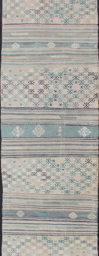 Geometric Stripe Vintage Hand Woven Turkish Kilim Flat - Weave Runner Turkish Kilim vintage carpet in green, ivory, and cream, Keivan Woven Arts; rug en - 176525 - 2, country of origin / type: Turkey / Kilim, circa 1950 This Oushak rug from Tur... - Keivan Woven ArtsEN - 176525 - 2 - 11401Rug