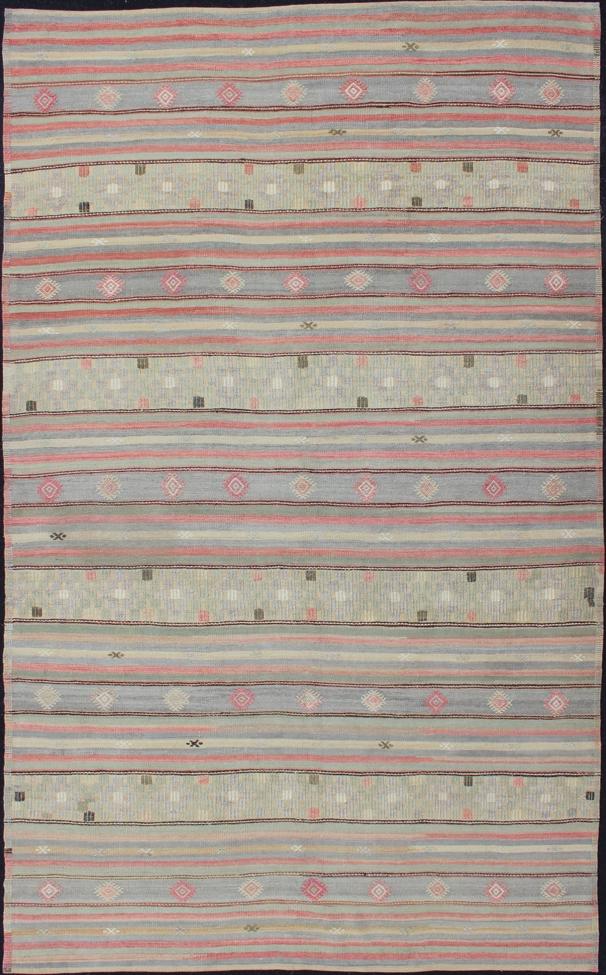 Colorful Vintage Turkish Embroidered Flatweave Rug with Striped Geometric Design . Keivan Woven Arts - Horizontal stripe design flat - weave Kilim from Turkey vintage in pink, light green, light blue, brown, yellow, and cream, rug EN - 176549, country of ... - Keivan Woven ArtsEN - 176549 - 12737Rug