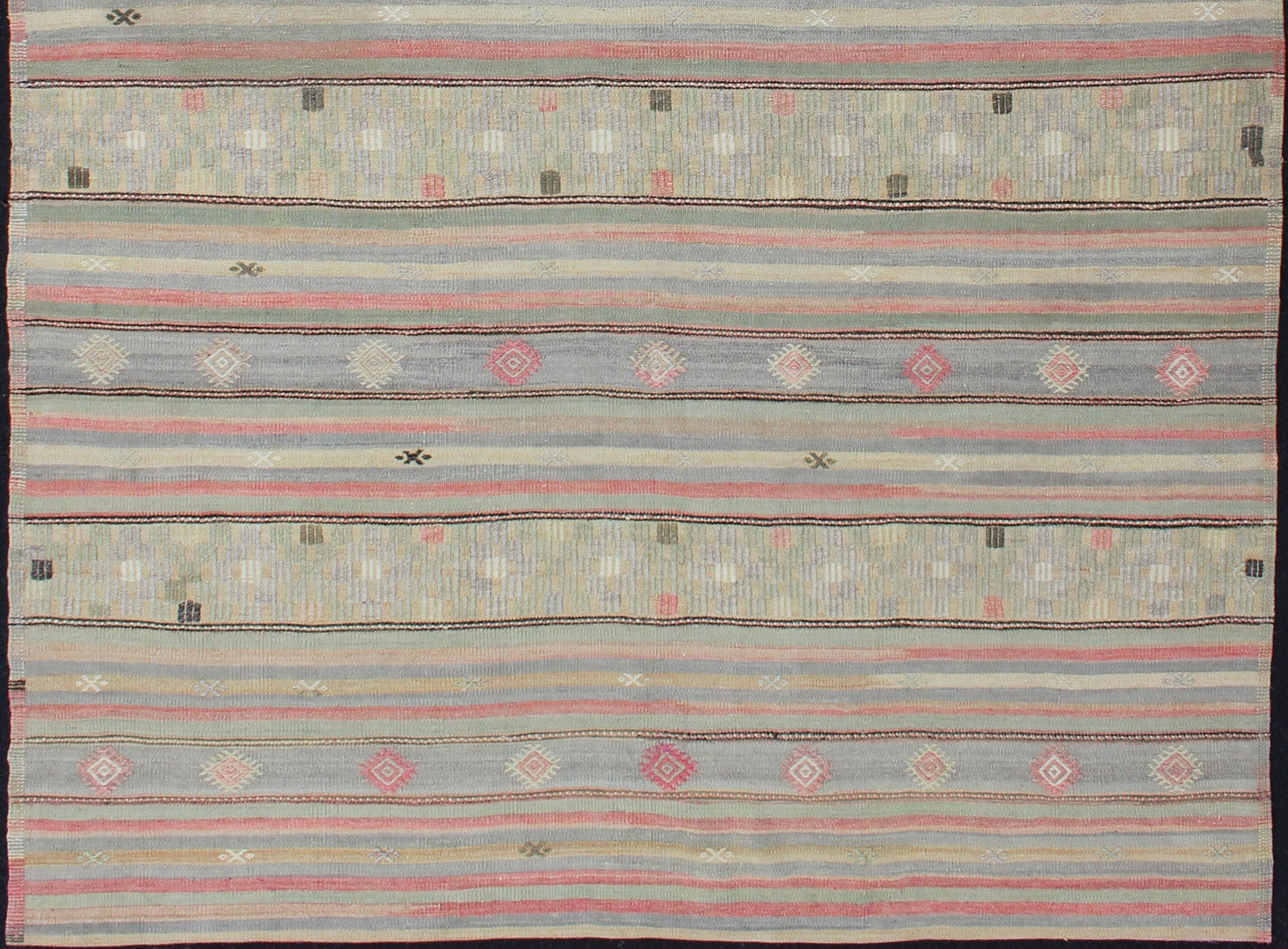 Colorful Vintage Turkish Embroidered Flatweave Rug with Striped Geometric Design . Keivan Woven Arts - Horizontal stripe design flat - weave Kilim from Turkey vintage in pink, light green, light blue, brown, yellow, and cream, rug EN - 176549, country of ... - Keivan Woven ArtsEN - 176549 - 12737Rug