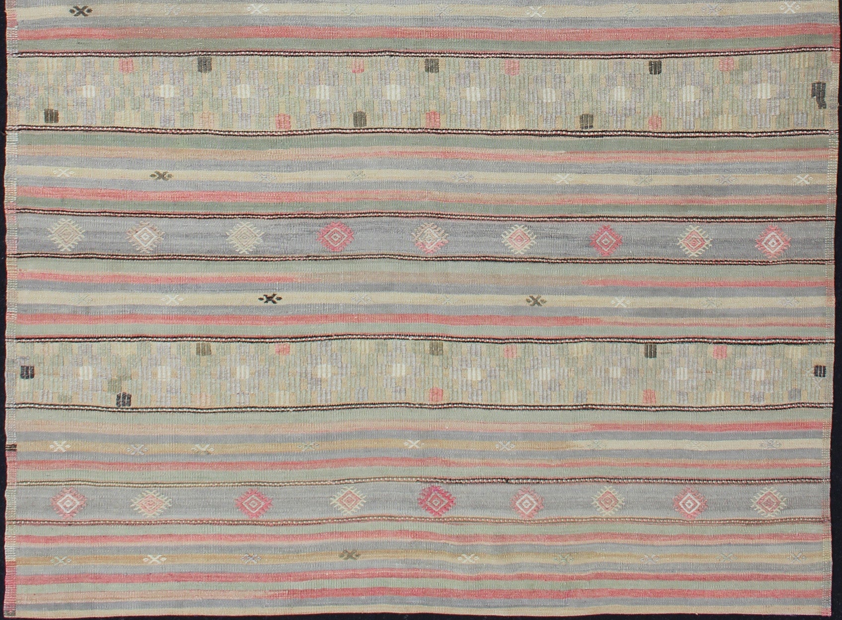 Colorful Vintage Turkish Embroidered Flatweave Rug with Striped Geometric Design . Keivan Woven Arts - Horizontal stripe design flat - weave Kilim from Turkey vintage in pink, light green, light blue, brown, yellow, and cream, rug EN - 176549, country of ... - Keivan Woven ArtsEN - 176549 - 12737Rug