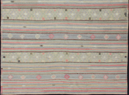 Colorful Vintage Turkish Embroidered Flatweave Rug with Striped Geometric Design . Keivan Woven Arts - Horizontal stripe design flat - weave Kilim from Turkey vintage in pink, light green, light blue, brown, yellow, and cream, rug EN - 176549, country of ... - Keivan Woven ArtsEN - 176549 - 12737Rug