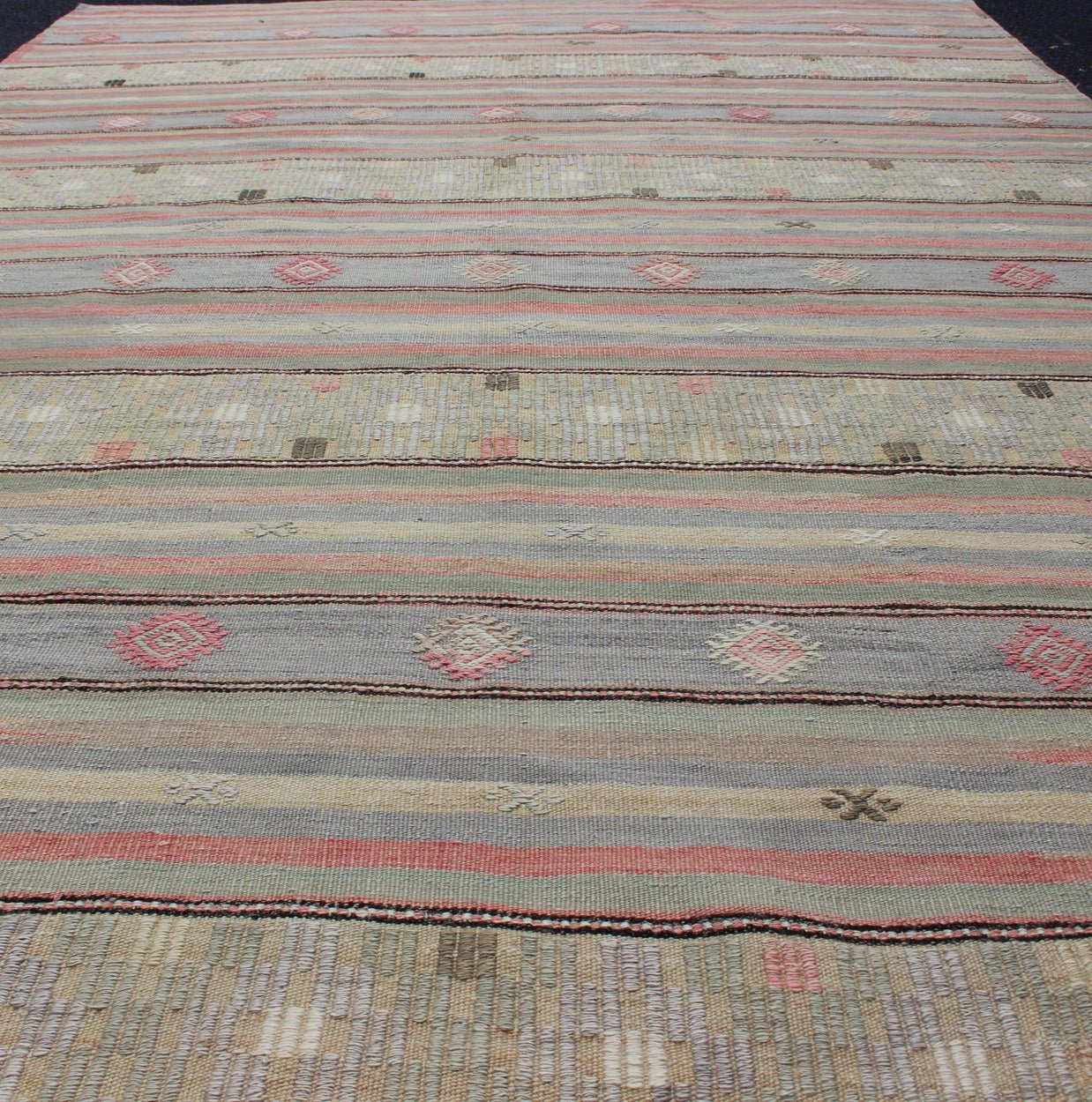 Colorful Vintage Turkish Embroidered Flatweave Rug with Striped Geometric Design . Keivan Woven Arts - Horizontal stripe design flat - weave Kilim from Turkey vintage in pink, light green, light blue, brown, yellow, and cream, rug EN - 176549, country of ... - Keivan Woven ArtsEN - 176549 - 12737Rug