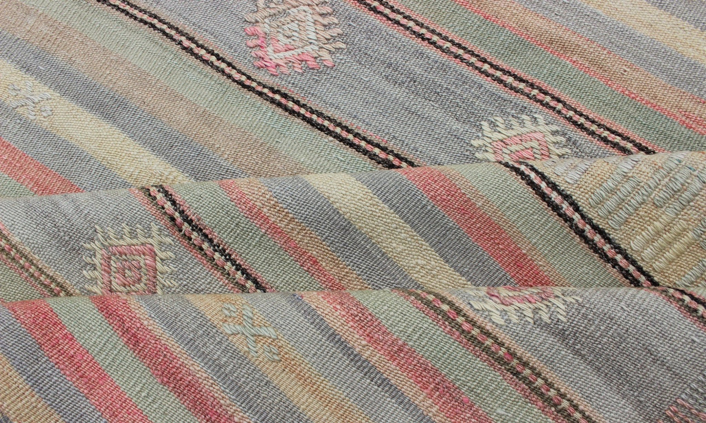Colorful Vintage Turkish Embroidered Flatweave Rug with Striped Geometric Design . Keivan Woven Arts - Horizontal stripe design flat - weave Kilim from Turkey vintage in pink, light green, light blue, brown, yellow, and cream, rug EN - 176549, country of ... - Keivan Woven ArtsEN - 176549 - 12737Rug