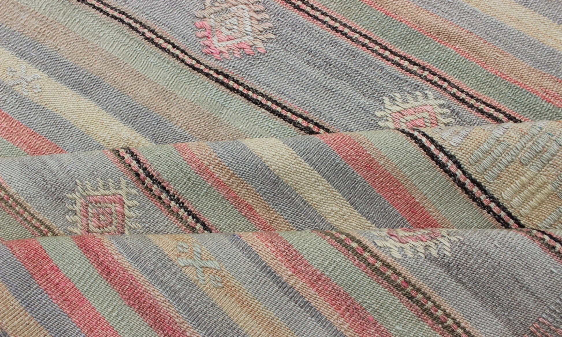 Colorful Vintage Turkish Embroidered Flatweave Rug with Striped Geometric Design . Keivan Woven Arts - Horizontal stripe design flat - weave Kilim from Turkey vintage in pink, light green, light blue, brown, yellow, and cream, rug EN - 176549, country of ... - Keivan Woven ArtsEN - 176549 - 12737Rug