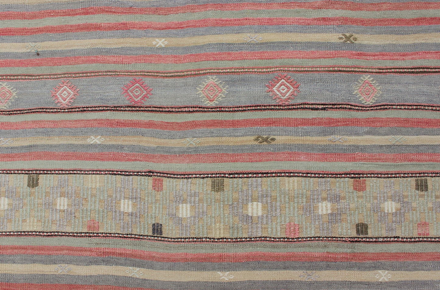 Colorful Vintage Turkish Embroidered Flatweave Rug with Striped Geometric Design . Keivan Woven Arts - Horizontal stripe design flat - weave Kilim from Turkey vintage in pink, light green, light blue, brown, yellow, and cream, rug EN - 176549, country of ... - Keivan Woven ArtsEN - 176549 - 12737Rug