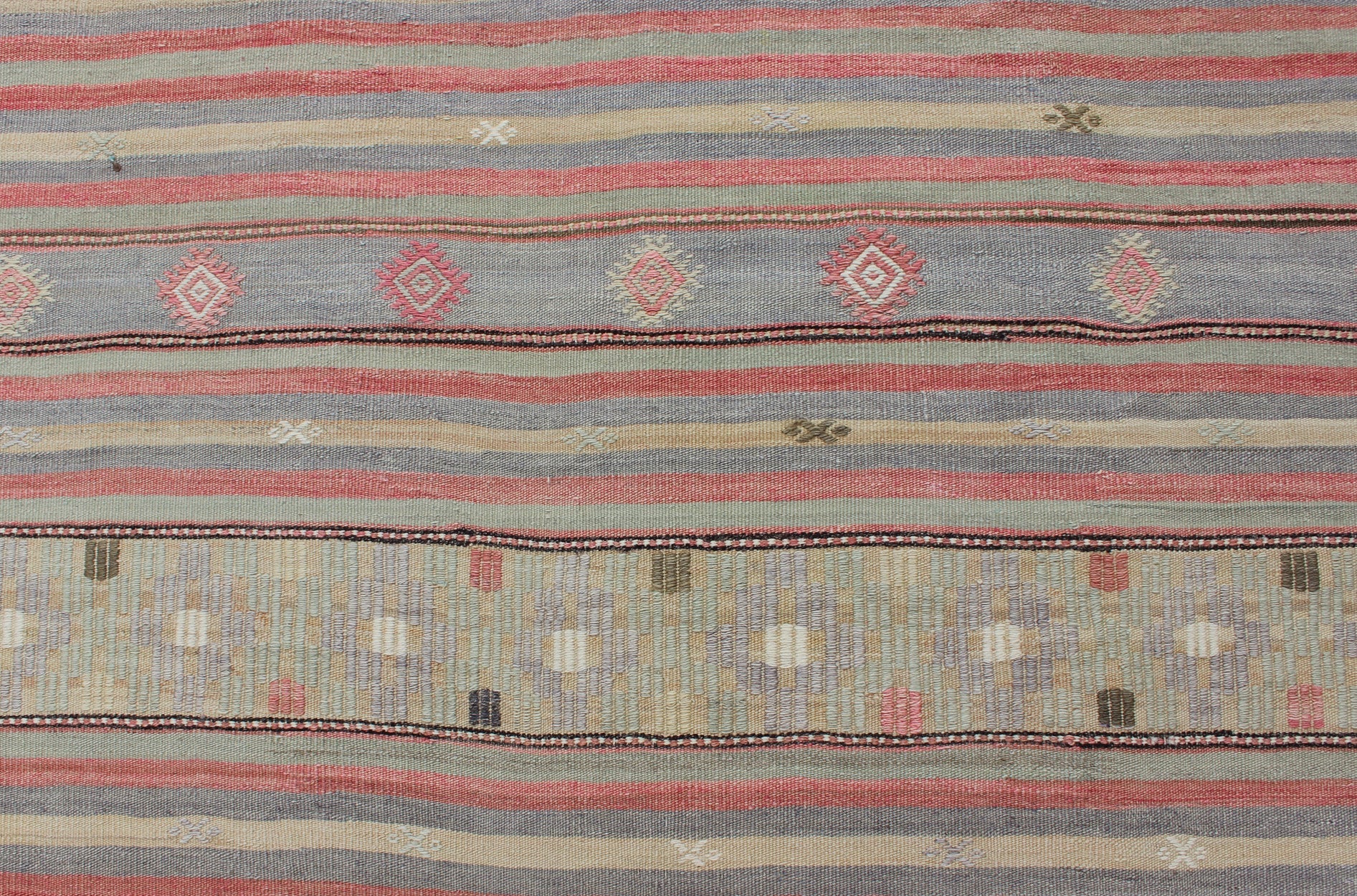 Colorful Vintage Turkish Embroidered Flatweave Rug with Striped Geometric Design . Keivan Woven Arts - Horizontal stripe design flat - weave Kilim from Turkey vintage in pink, light green, light blue, brown, yellow, and cream, rug EN - 176549, country of ... - Keivan Woven ArtsEN - 176549 - 12737Rug