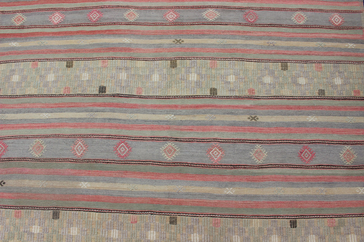Colorful Vintage Turkish Embroidered Flatweave Rug with Striped Geometric Design . Keivan Woven Arts - Horizontal stripe design flat - weave Kilim from Turkey vintage in pink, light green, light blue, brown, yellow, and cream, rug EN - 176549, country of ... - Keivan Woven ArtsEN - 176549 - 12737Rug