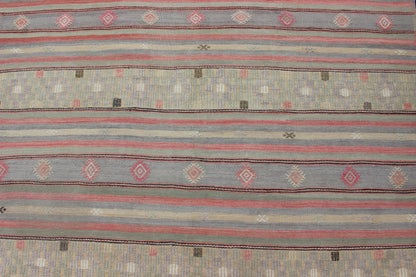 Colorful Vintage Turkish Embroidered Flatweave Rug with Striped Geometric Design . Keivan Woven Arts - Horizontal stripe design flat - weave Kilim from Turkey vintage in pink, light green, light blue, brown, yellow, and cream, rug EN - 176549, country of ... - Keivan Woven ArtsEN - 176549 - 12737Rug