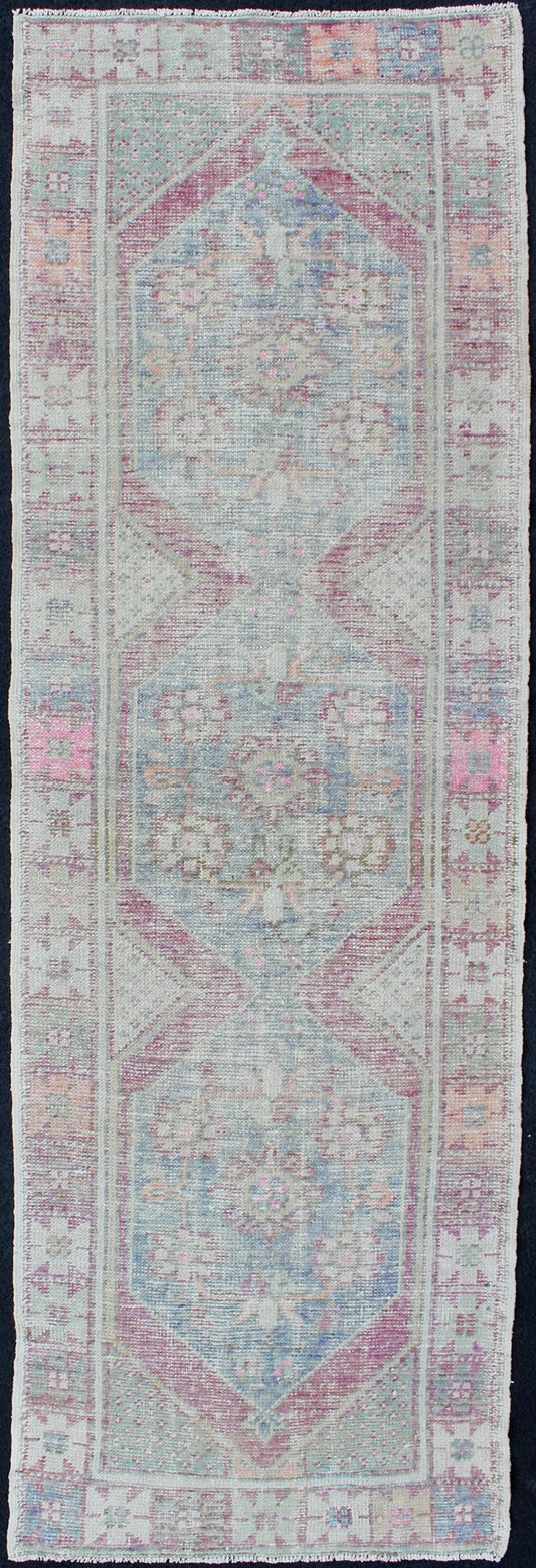 Distressed Vintage Turkish Oushak Runner in Light Purple, Light Green and light Blue Lightpurple, light green and light blue vintage Oushak runner with Multi - Medallion Design, rug en - 176562, country of origin / type: Turkey / Oushak, circa 1940... - Keivan Woven ArtsEN - 176562 - 10263Rug