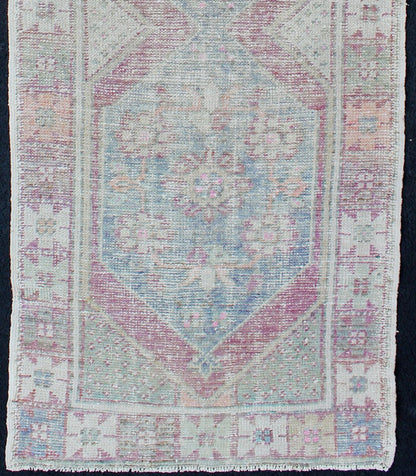 Distressed Vintage Turkish Oushak Runner in Light Purple, Light Green and light Blue Lightpurple, light green and light blue vintage Oushak runner with Multi - Medallion Design, rug en - 176562, country of origin / type: Turkey / Oushak, circa 1940... - Keivan Woven ArtsEN - 176562 - 10263Rug