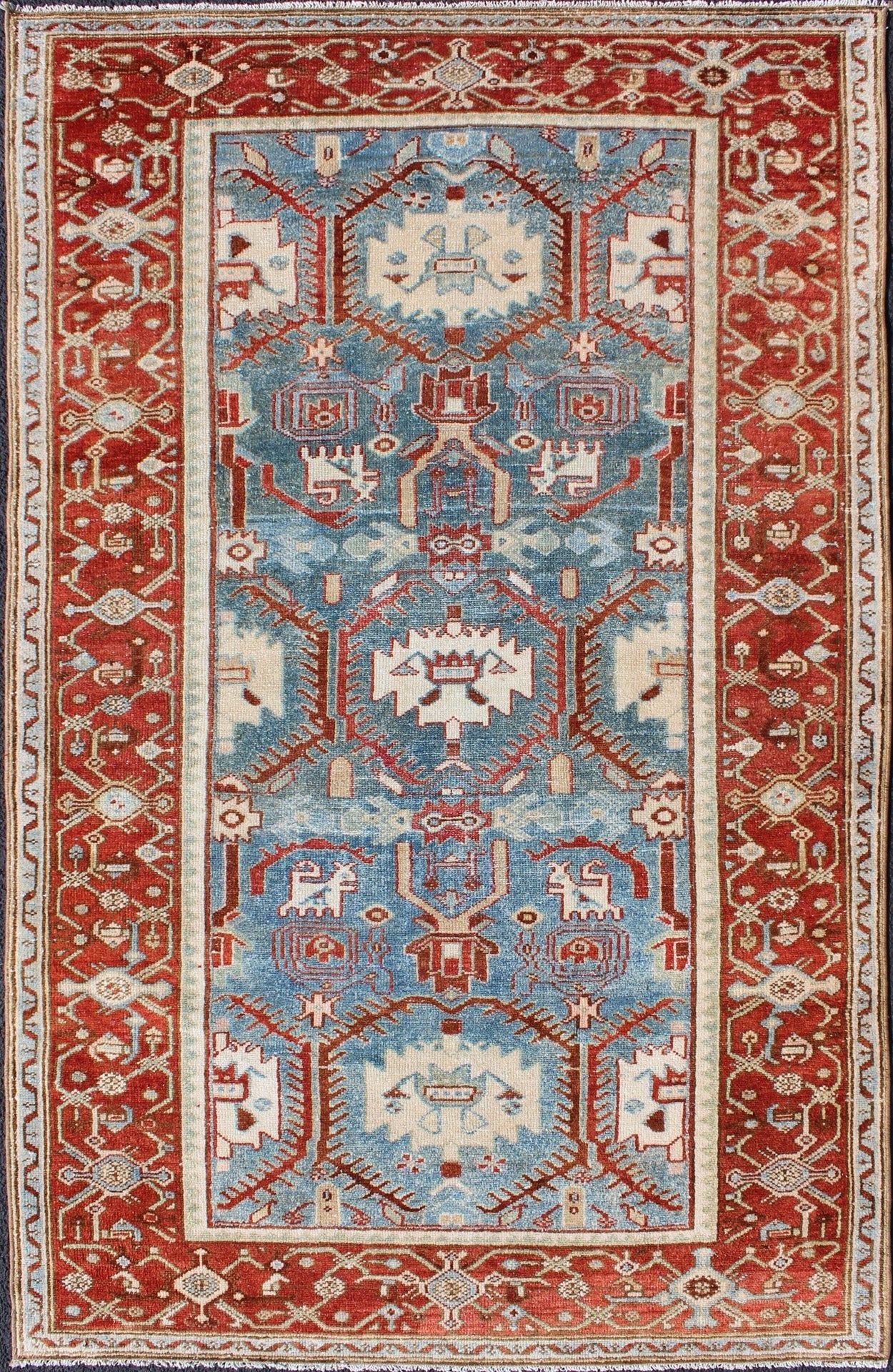 Blossom design Persian Malayer antique rug in red, blue, and ivory tones, rug en - 176571, country of origin / type: Iran / Malayer, circa 1920. This beautiful antique early 20th century Persian Malayer carpet features an all - over design of repeat... - Keivan Woven ArtsEN - 176571 - 10183
