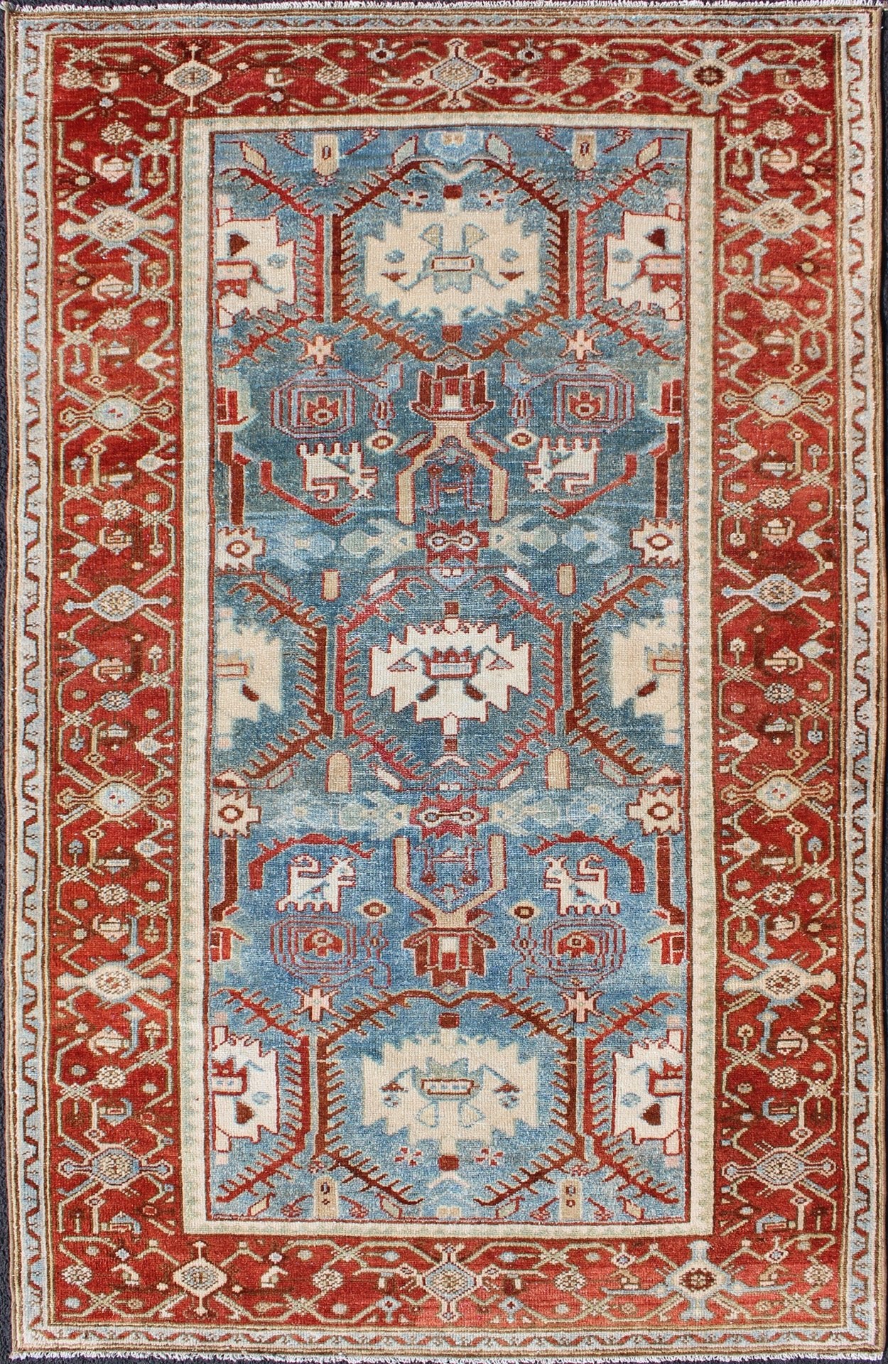 Blossom design Persian Malayer antique rug in red, blue, and ivory tones, rug en - 176571, country of origin / type: Iran / Malayer, circa 1920. This beautiful antique early 20th century Persian Malayer carpet features an all - over design of repeat... - Keivan Woven ArtsEN - 176571 - 10183Rug
