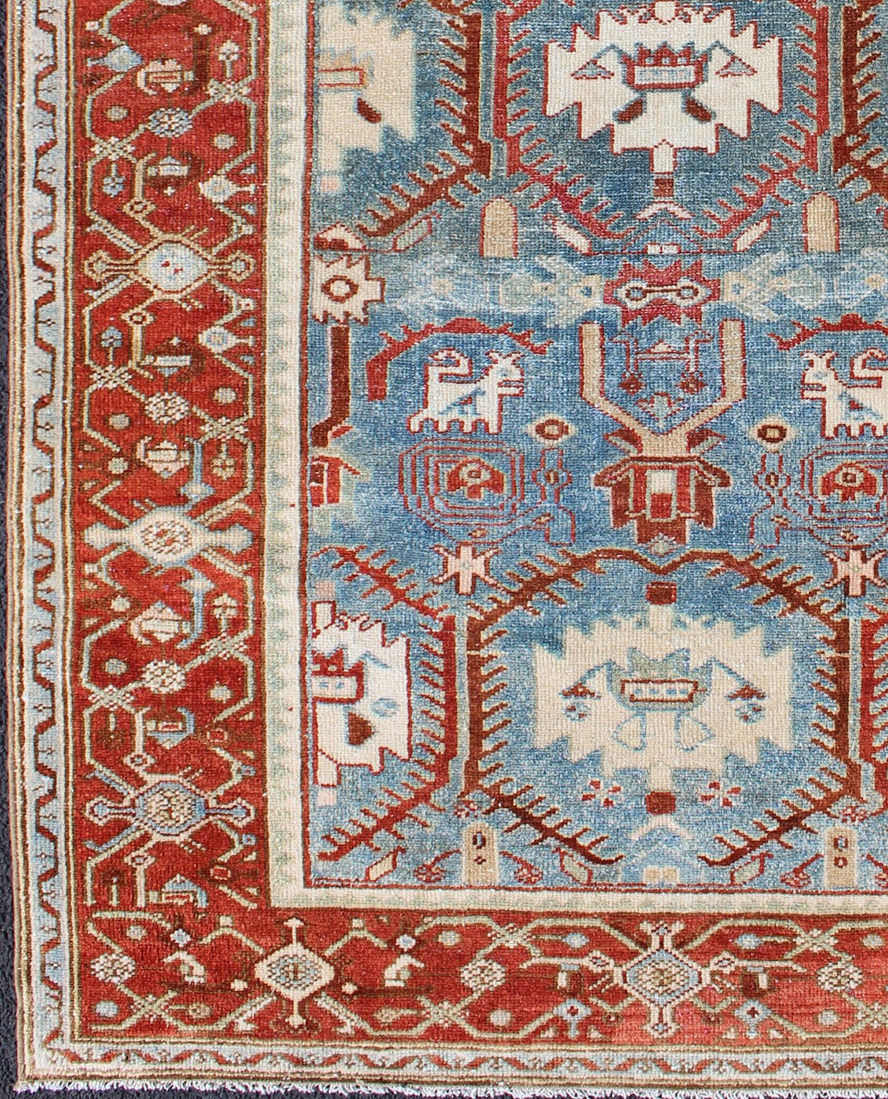 Blossom design Persian Malayer antique rug in red, blue, and ivory tones, rug en - 176571, country of origin / type: Iran / Malayer, circa 1920. This beautiful antique early 20th century Persian Malayer carpet features an all - over design of repeat... - Keivan Woven ArtsEN - 176571 - 10183Rug