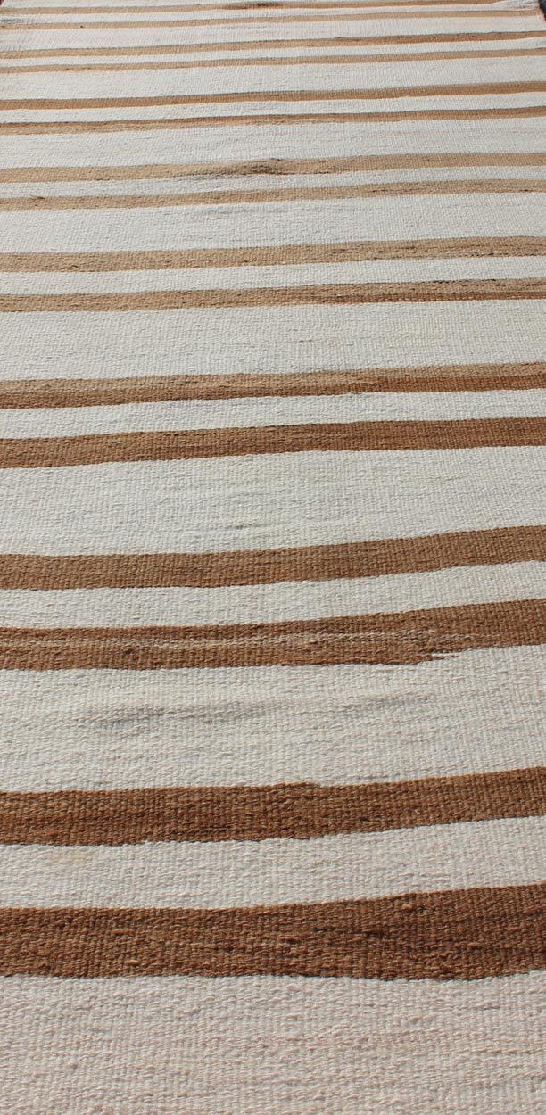 Minimalist Design Vintage Long Kilim Runner with Stripes in Brown and Ivory' Vintage Turkish Kilim vintage runner with modern/contemporary stripe design, rug EN - 176577, country of origin / type: Turkey / Kilim, circa 1940 This vintage flat - wo... - Keivan Woven ArtsEN - 176577 - 11034Rug