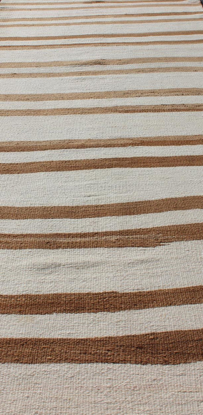 Minimalist Design Vintage Long Kilim Runner with Stripes in Brown and Ivory' Vintage Turkish Kilim vintage runner with modern/contemporary stripe design, rug EN - 176577, country of origin / type: Turkey / Kilim, circa 1940 This vintage flat - wo... - Keivan Woven ArtsEN - 176577 - 11034Rug