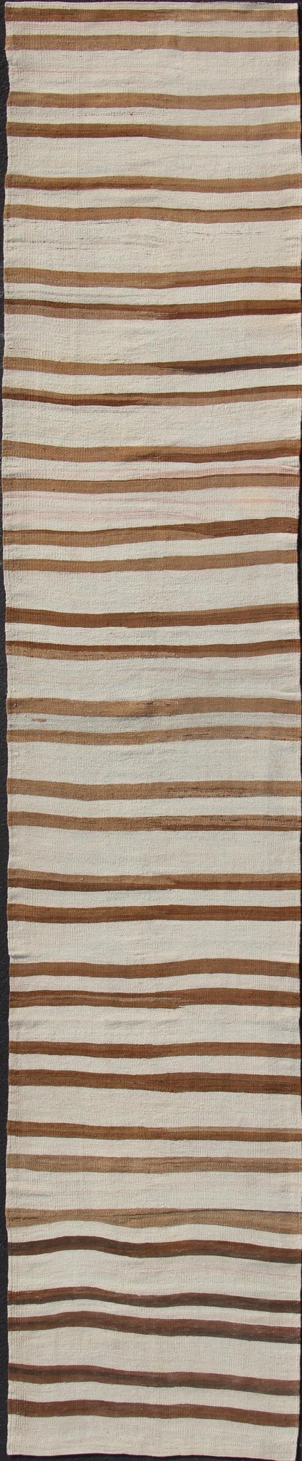 Minimalist Design Vintage Long Kilim Runner with Stripes in Brown and Ivory' Vintage Turkish Kilim vintage runner with modern/contemporary stripe design, rug EN - 176577, country of origin / type: Turkey / Kilim, circa 1940 This vintage flat - wo... - Keivan Woven ArtsEN - 176577 - 11034Rug