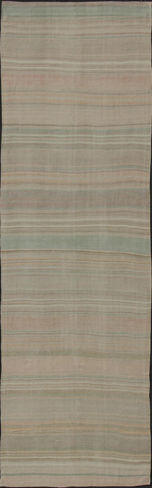 Modern Striped Design Vintage Turkish Kilim Gallery Runner in Shades of Brown and Earth Tones Muted Turkish vintage Kilim long runner with horizontal stripe design, Keivan Woven Arts rug/EN - 176580, country of origin / type: Iran / Kilim, circa ... - Keivan Woven ArtsEN - 176580 - 11040Rug
