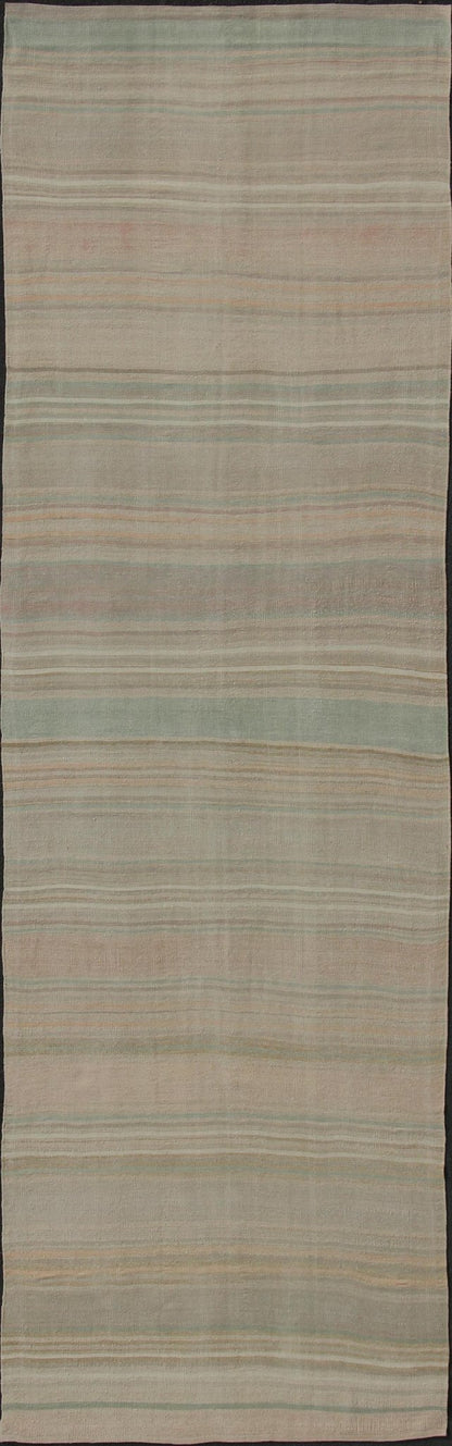 Modern Striped Design Vintage Turkish Kilim Gallery Runner in Shades of Brown and Earth Tones Muted Turkish vintage Kilim long runner with horizontal stripe design, Keivan Woven Arts rug/EN - 176580, country of origin / type: Iran / Kilim, circa ... - Keivan Woven ArtsEN - 176580 - 11040Rug
