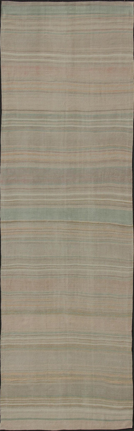 Modern Striped Design Vintage Turkish Kilim Gallery Runner in Shades of Brown and Earth Tones Muted Turkish vintage Kilim long runner with horizontal stripe design, Keivan Woven Arts rug/EN - 176580, country of origin / type: Iran / Kilim, circa ... - Keivan Woven ArtsEN - 176580 - 11040Rug