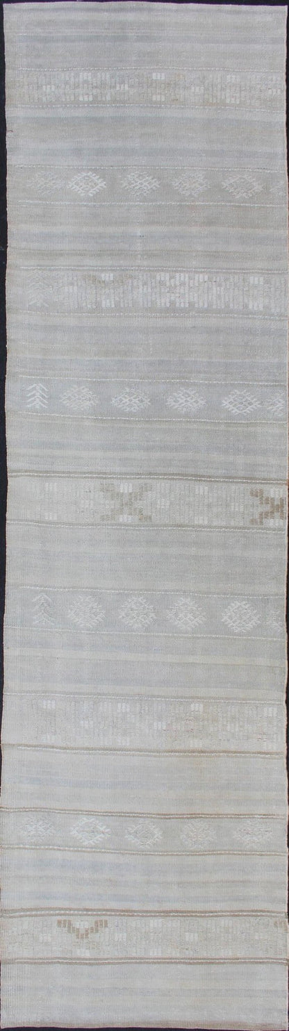 Vintage Hand Woven Turkish Kilim Runner With Stripes in Light Gray and Muted Tones Stripe design Kilim runner in cream, light gray, light taupe and muted tones. Keivan Woven Arts / rug EN - 176729 - 1, country of origin / type: Turkey / Kilim, circa... - Keivan Woven ArtsEN - 176729 - 1 - 11215Rug