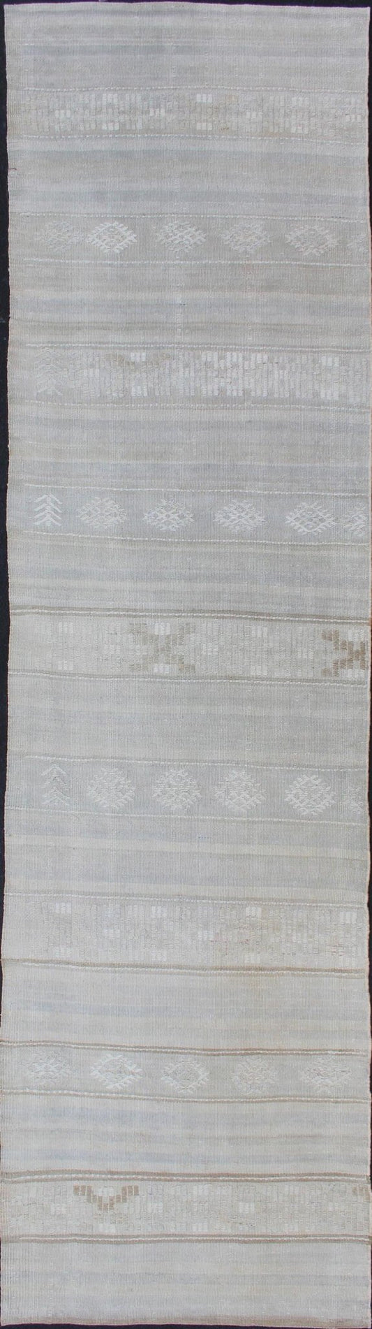 Vintage Hand Woven Turkish Kilim Runner With Stripes in Light Gray and Muted Tones Stripe design Kilim runner in cream, light gray, light taupe and muted tones. Keivan Woven Arts / rug EN - 176729 - 1, country of origin / type: Turkey / Kilim, circa... - Keivan Woven ArtsEN - 176729 - 1 - 11215Rug