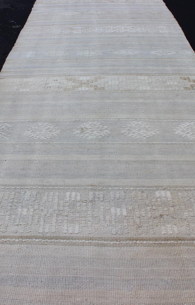 Vintage Hand Woven Turkish Kilim Runner With Stripes in Light Gray and Muted Tones Stripe design Kilim runner in cream, light gray, light taupe and muted tones. Keivan Woven Arts / rug EN - 176729 - 1, country of origin / type: Turkey / Kilim, circa... - Keivan Woven ArtsEN - 176729 - 1 - 11215Rug