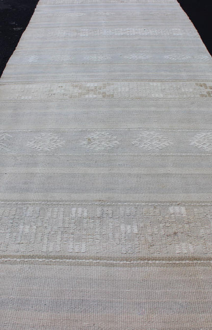 Vintage Hand Woven Turkish Kilim Runner With Stripes in Light Gray and Muted Tones Stripe design Kilim runner in cream, light gray, light taupe and muted tones. Keivan Woven Arts / rug EN - 176729 - 1, country of origin / type: Turkey / Kilim, circa... - Keivan Woven ArtsEN - 176729 - 1 - 11215Rug