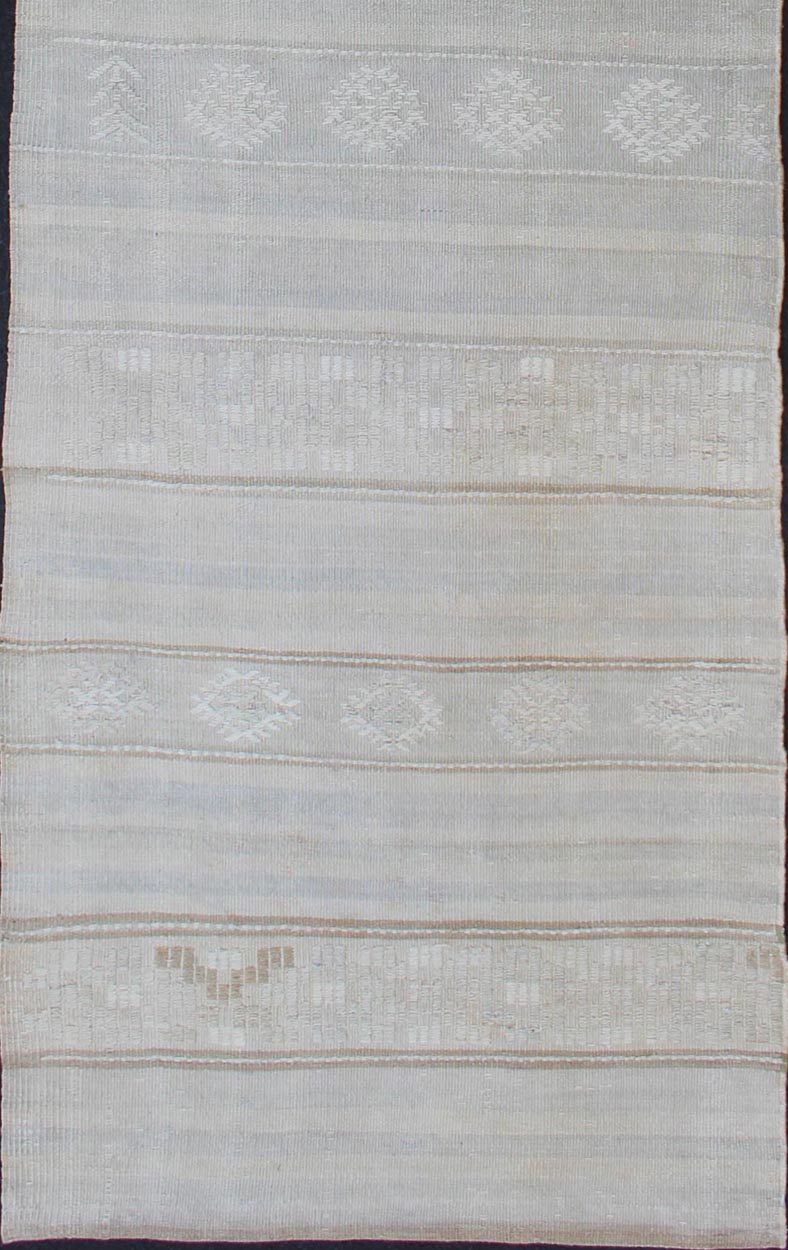 Vintage Hand Woven Turkish Kilim Runner With Stripes in Light Gray and Muted Tones Stripe design Kilim runner in cream, light gray, light taupe and muted tones. Keivan Woven Arts / rug EN - 176729 - 1, country of origin / type: Turkey / Kilim, circa... - Keivan Woven ArtsEN - 176729 - 1 - 11215Rug