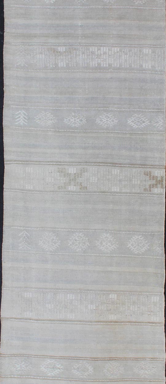 Vintage Hand Woven Turkish Kilim Runner With Stripes in Light Gray and Muted Tones Stripe design Kilim runner in cream, light gray, light taupe and muted tones. Keivan Woven Arts / rug EN - 176729 - 1, country of origin / type: Turkey / Kilim, circa... - Keivan Woven ArtsEN - 176729 - 1 - 11215Rug