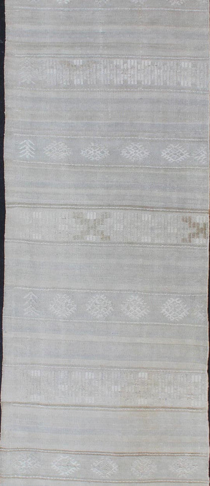 Vintage Hand Woven Turkish Kilim Runner With Stripes in Light Gray and Muted Tones Stripe design Kilim runner in cream, light gray, light taupe and muted tones. Keivan Woven Arts / rug EN - 176729 - 1, country of origin / type: Turkey / Kilim, circa... - Keivan Woven ArtsEN - 176729 - 1 - 11215Rug