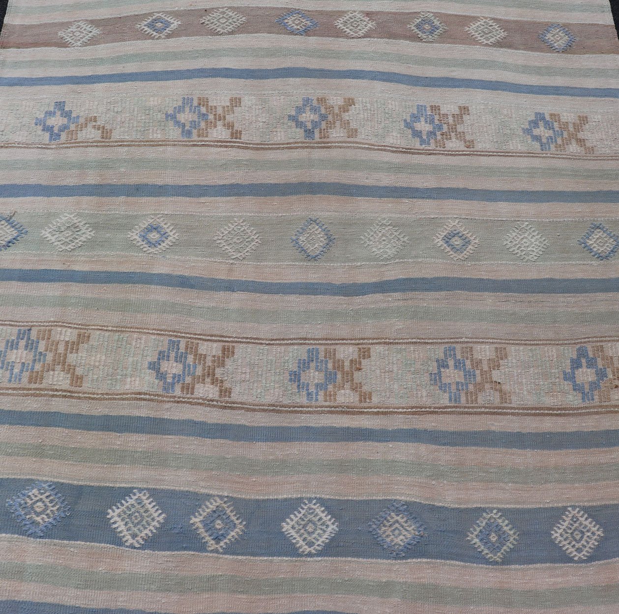 Vintage Turkish Flat - Weave Kilim with Embroideries in Blue, Brown, and Cream geometric stripe design vintage Kilim from Turkey, Keivan Woven Arts / rug EN - 176741, country of origin / type: Turkey / Kilim, circa 1950 Measures: 5'10 x 10'7 - Keivan Woven ArtsEN - 176741 - 17466Rug