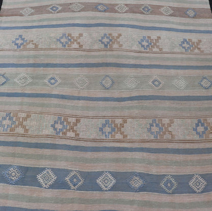 Vintage Turkish Flat - Weave Kilim with Embroideries in Blue, Brown, and Cream geometric stripe design vintage Kilim from Turkey, Keivan Woven Arts / rug EN - 176741, country of origin / type: Turkey / Kilim, circa 1950 Measures: 5'10 x 10'7 - Keivan Woven ArtsEN - 176741 - 17466Rug