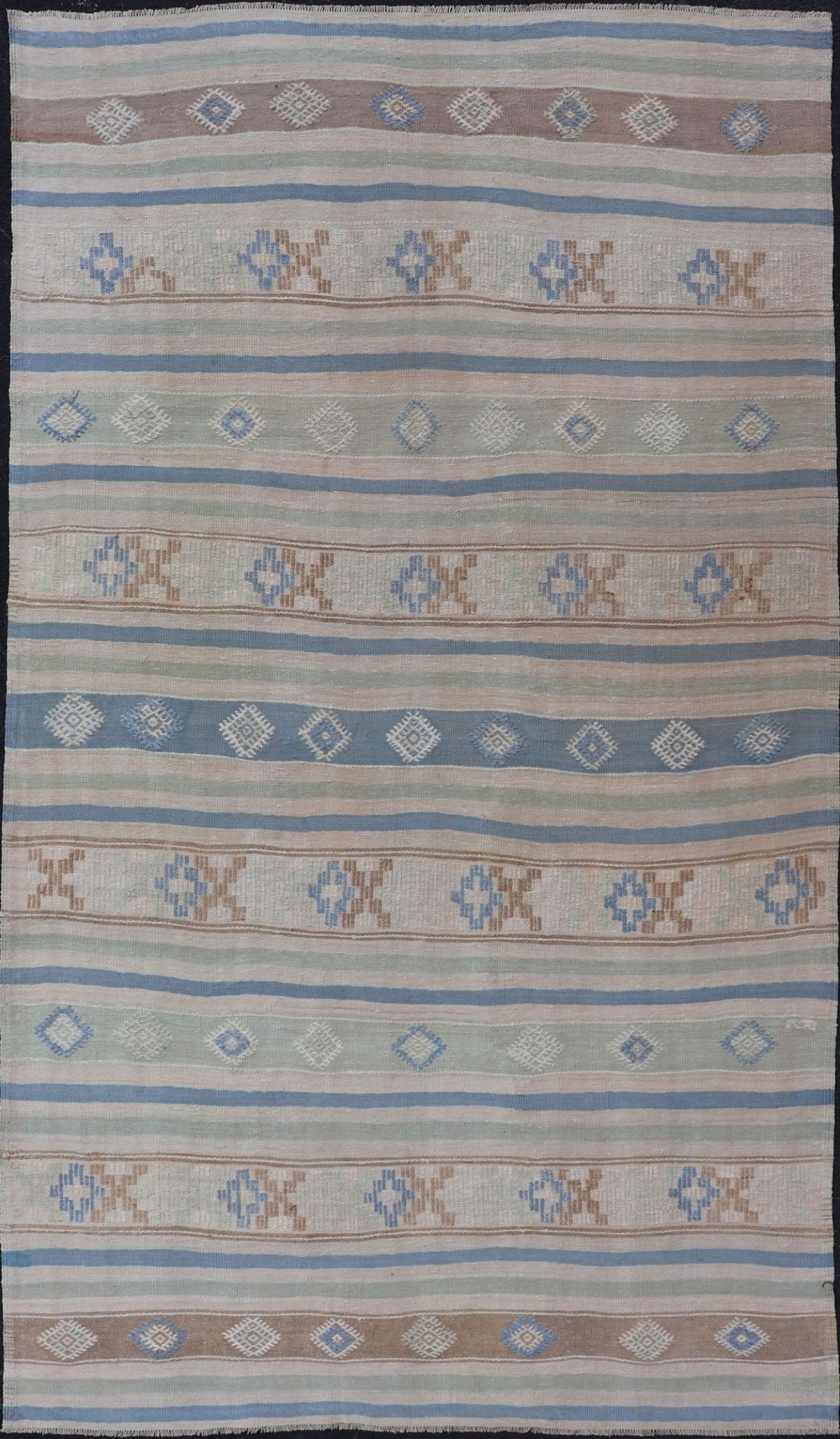 Vintage Turkish Flat - Weave Kilim with Embroideries in Blue, Brown, and Cream geometric stripe design vintage Kilim from Turkey, Keivan Woven Arts / rug EN - 176741, country of origin / type: Turkey / Kilim, circa 1950 Measures: 5'10 x 10'7 - Keivan Woven ArtsEN - 176741 - 17466Rug