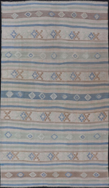 Vintage Turkish Flat - Weave Kilim with Embroideries in Blue, Brown, and Cream geometric stripe design vintage Kilim from Turkey, Keivan Woven Arts / rug EN - 176741, country of origin / type: Turkey / Kilim, circa 1950 Measures: 5'10 x 10'7 - Keivan Woven ArtsEN - 176741 - 17466Rug