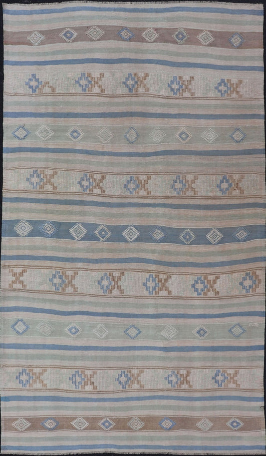 Vintage Turkish Flat - Weave Kilim with Embroideries in Blue, Brown, and Cream geometric stripe design vintage Kilim from Turkey, Keivan Woven Arts / rug EN - 176741, country of origin / type: Turkey / Kilim, circa 1950 Measures: 5'10 x 10'7 - Keivan Woven ArtsEN - 176741 - 17466Rug
