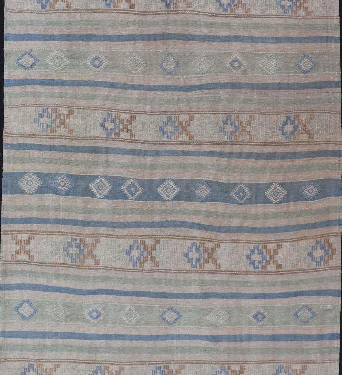 Vintage Turkish Flat - Weave Kilim with Embroideries in Blue, Brown, and Cream geometric stripe design vintage Kilim from Turkey, Keivan Woven Arts / rug EN - 176741, country of origin / type: Turkey / Kilim, circa 1950 Measures: 5'10 x 10'7 - Keivan Woven ArtsEN - 176741 - 17466Rug