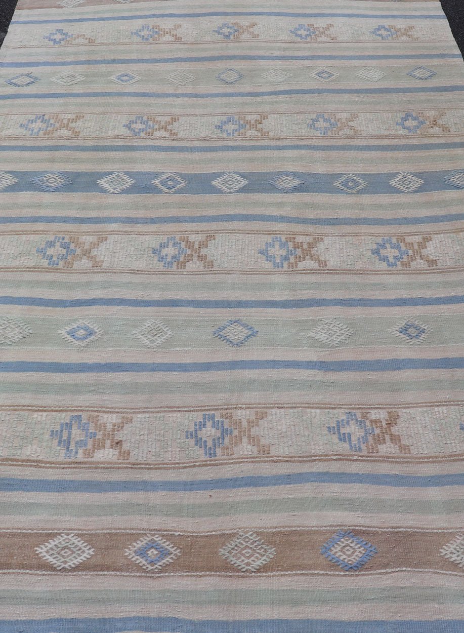 Vintage Turkish Flat - Weave Kilim with Embroideries in Blue, Brown, and Cream geometric stripe design vintage Kilim from Turkey, Keivan Woven Arts / rug EN - 176741, country of origin / type: Turkey / Kilim, circa 1950 Measures: 5'10 x 10'7 - Keivan Woven ArtsEN - 176741 - 17466Rug