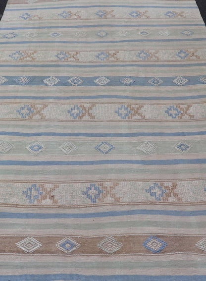 Vintage Turkish Flat - Weave Kilim with Embroideries in Blue, Brown, and Cream geometric stripe design vintage Kilim from Turkey, Keivan Woven Arts / rug EN - 176741, country of origin / type: Turkey / Kilim, circa 1950 Measures: 5'10 x 10'7 - Keivan Woven ArtsEN - 176741 - 17466Rug