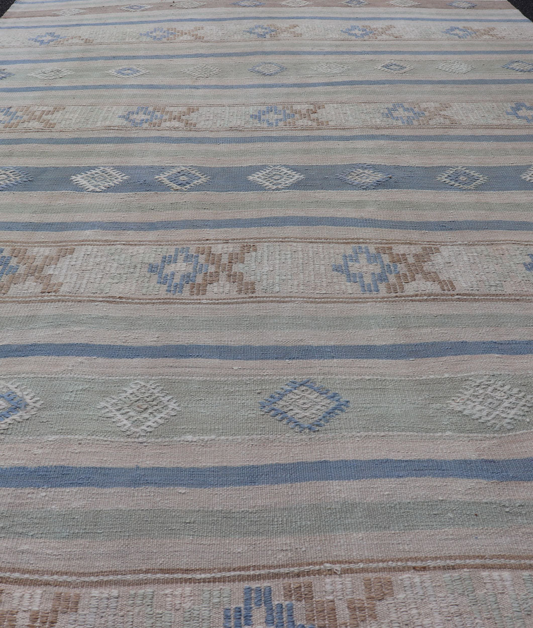 Vintage Turkish Flat - Weave Kilim with Embroideries in Blue, Brown, and Cream geometric stripe design vintage Kilim from Turkey, Keivan Woven Arts / rug EN - 176741, country of origin / type: Turkey / Kilim, circa 1950 Measures: 5'10 x 10'7 - Keivan Woven ArtsEN - 176741 - 17466Rug