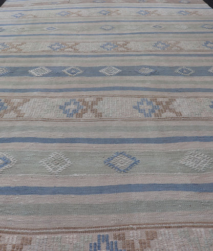 Vintage Turkish Flat - Weave Kilim with Embroideries in Blue, Brown, and Cream geometric stripe design vintage Kilim from Turkey, Keivan Woven Arts / rug EN - 176741, country of origin / type: Turkey / Kilim, circa 1950 Measures: 5'10 x 10'7 - Keivan Woven ArtsEN - 176741 - 17466Rug