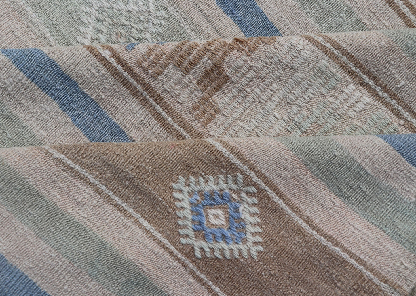 Vintage Turkish Flat - Weave Kilim with Embroideries in Blue, Brown, and Cream geometric stripe design vintage Kilim from Turkey, Keivan Woven Arts / rug EN - 176741, country of origin / type: Turkey / Kilim, circa 1950 Measures: 5'10 x 10'7 - Keivan Woven ArtsEN - 176741 - 17466Rug
