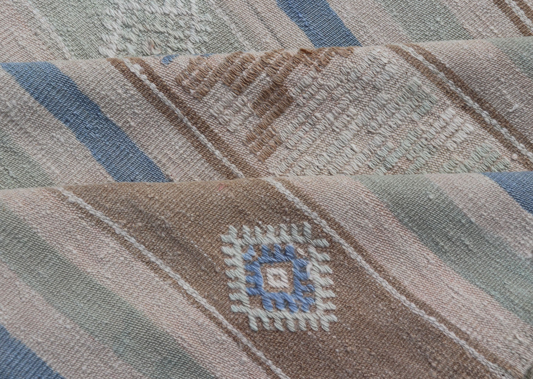 Vintage Turkish Flat - Weave Kilim with Embroideries in Blue, Brown, and Cream geometric stripe design vintage Kilim from Turkey, Keivan Woven Arts / rug EN - 176741, country of origin / type: Turkey / Kilim, circa 1950 Measures: 5'10 x 10'7 - Keivan Woven ArtsEN - 176741 - 17466Rug