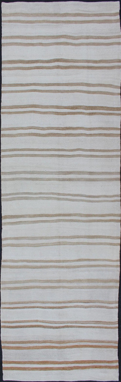 Vintage Turkish Kilim Runner with Stripe Design in Light Brown and Cream Tones Stripe design Kilim runner in cream and taupe, Keivan Woven Arts / rug en - 165951, country of origin / type: Turkey / Kilim, circa 1950 This flat - woven Kilim ru... - Keivan Woven ArtsEN - 176743 - 11952Rug